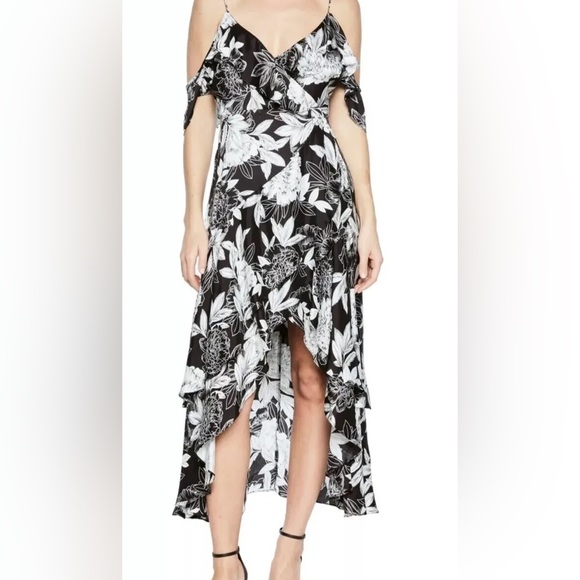 Bardot Frankie Frill Black and White Floral Hi-Lo Hem Cold Shoulder Dress - Picture 8 of 9